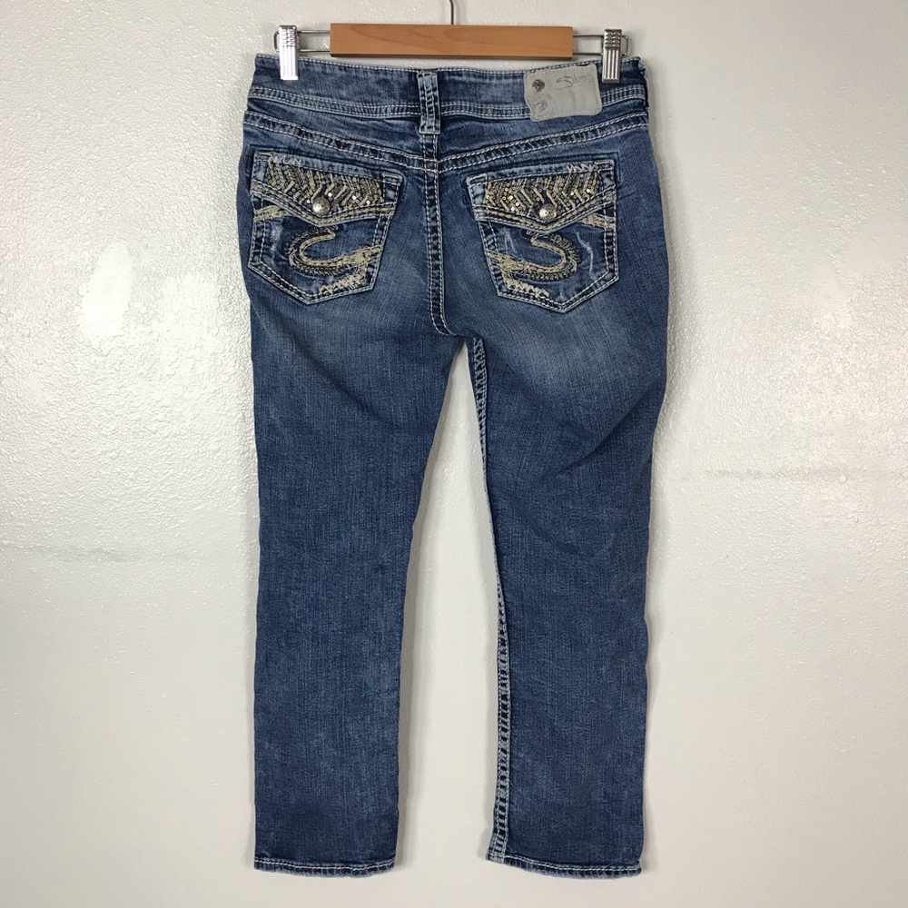 Silver Suki Mid Capri Sequin Flap Blue Jeans 28